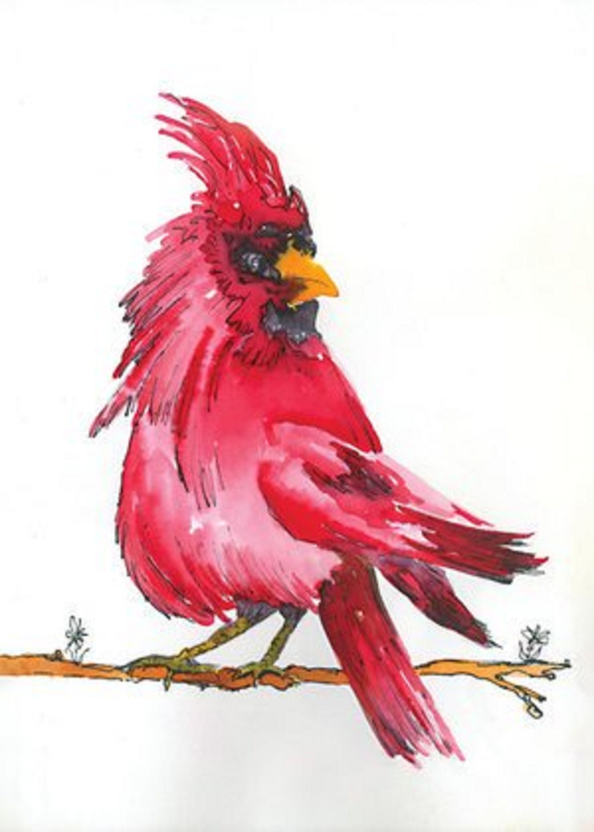 Whimsy Cardinal Vector Whimsical, Cardinal Bird, Tiny Flowers, Print