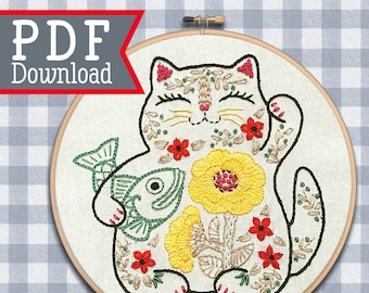Maneki Neko Cat ; PDF Download ; Japanese Good Luck charm ; House warming pattern ; Hand Embroidery Design ; 3 colour versions