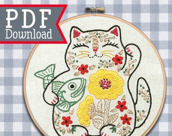 Maneki Neko Cat ; PDF Download ; Japanese Good Luck charm ; House warming pattern ; Hand Embroidery Design ; 3 colour versions