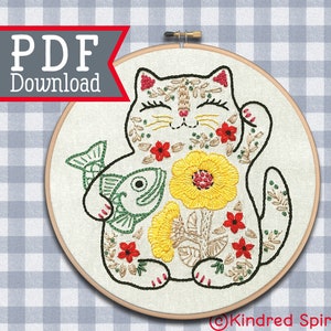 Maneki Neko Cat ; PDF Download ; Japanese Good Luck charm ; House warming pattern ; Hand Embroidery Design ; 3 colour versions