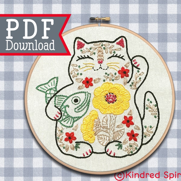 Disegno per ricamo Maneki Neko: modello giapponese per gatto portafortuna (download PDF)