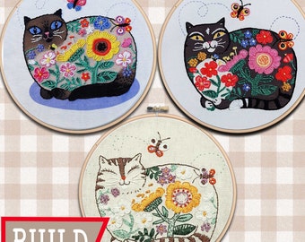 Katze Stickpackung; Niedliches Kätzchen Design; DIY Handwerk; Siamesisches Muster; Blumennadelspitze ; Moderne Hoop Katze Kunst