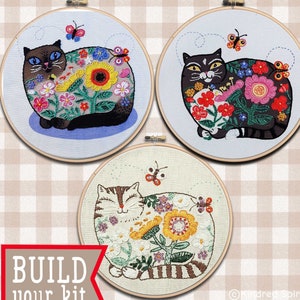 Cat Embroidery Kit ; Cute kitten design ; DIY craft ; Siamese pattern ;  Flower needlepoint ; Modern Hoop Cat Art