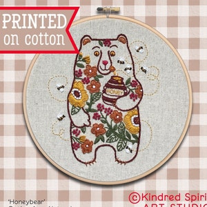 Honeybear Embroidery Kit ; Bear Pattern ; Woodland animal ; Modern Hoop Art ;  ; Flower needlepoint ; Floral needlework