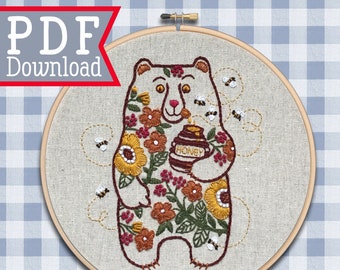 Honey Bear Embroidery Pattern: Modern Hoop Art (PDF Download)