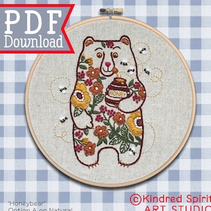 Hand Embroidery Pattern ; Honey Bear design ; PDF download ; Modern Hoop Art ; Baby Nursery decor ; Woodland animals