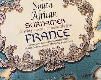 Impresión de mapas de ascendencia; Apellidos sudafricanos franceses; Historia familiar hugonote; Regalo patrimonial