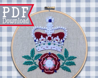 Hand Embroidery Pattern ; Tudor English Rose design ; Flower needlepoint ; Modern Hoop Art ; Traditional English Crest