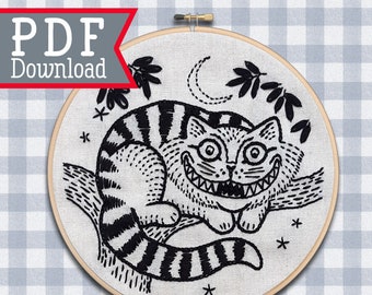 Hand embroidery Pattern ; Cheshire Cat design ; PDF  Instant download ; DIY craft project ; Halloween pattern