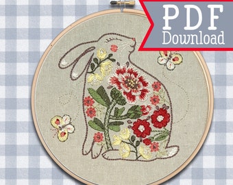 Hand Embroidery Pattern ; Cute bunny design ; Instant PDF Download; Rabbit pattern ; Easter Gift ; Flower needlepoint