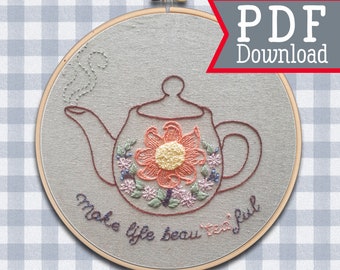 Hand Embroidery Pattern ; Teapot design ; PDF download ; Beginner DIY Project ; Handmade Gift for Tea Lover