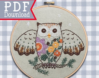 Hand Embroidery Pattern ; Owl design ; Bird pattern ; PDF download ;  Printable File;  Modern Hoop Art