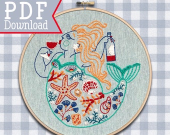 Hand Embroidery Pattern ; Mermaid design ;  Instant download ; Ocean Needlepoint ; Wine lover ; Sea Hoop Art ; Nautical