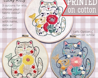 Lucky Cat Embroidery Kit ; Cat Needlepoint pattern ; Welcome gift ; Handmade Japan Embroidery Art ; Maneki Neko Cat Needlecraft Design
