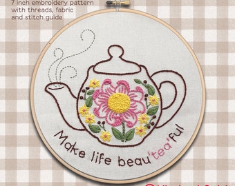 Tea Hand Embroidery PDF Pattern ; DIY craft ; Teapot Embroidery Pattern ; Beginner Embroidery ; Fall Project ; Handmade Gift for Tea Lover