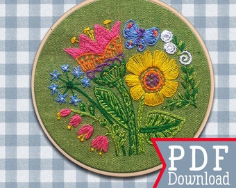 Flower Embroidery PDF Pattern: Garden & Butterfly Hoop Art (Digital Download)