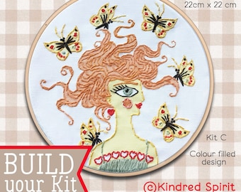 Butterfly Girl Embroidery Kit ; Modern Hoop art decor ; DIY craft ; Needlepoint design ; Modern Hoop Art decor