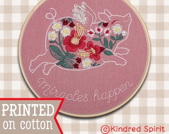 Flying Pig Embroidery Kit ; Farm animal Design ; Miracles Happen Quote ; Personalized gift ; Custom DIY Crafts