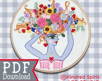 Hand Embroidery Design ; PDF Pattern Download ; Flower Girl ; Modern DIY Craft ; BeginnerCrewel