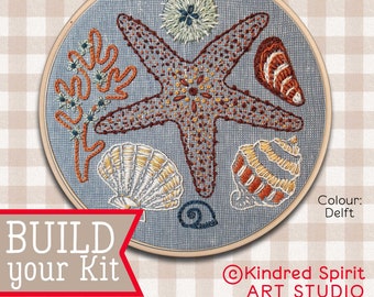 Seashells Embroidery Kit ; Beach embroidery design ; Starfish pattern ; Hoop Art ; Sea life DIY craft ;  Ocean wall decor