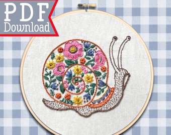 Hand embroidery pattern ; Snail design ; PDF Pattern Download ; Woodland animal ; Nature lover gift ; Botanical hoop art