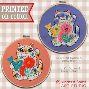 Maneki Neko Embroidery Kit ;  Lucky Cat ; Japanese needlepoint pattern ; Welcome charm ; DIY craft