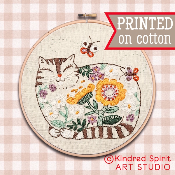 Cat Embroidery Kit: Kitten & Flower Design, Custom Pet Name