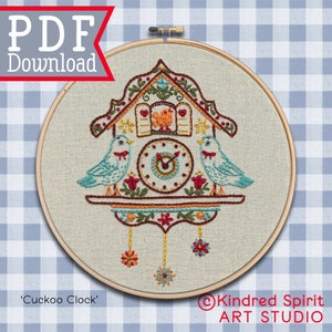 Hand Embroidery Design ; Cuckoo Clock pattern ; Instant PDF download ; Bird Needlepoint ; Traditional Hoop Art