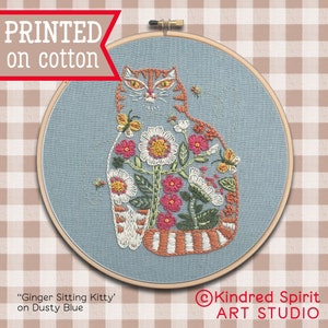 Ginger Cat Embroidery Kit ; Kitty design ; Tabby pattern ; DIY craft ; Modern Hoop Art ; Flower needlepoint ; Crewel