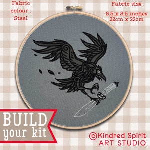 Raven Embroidery Kit ; Black Crow Totem pattern ; Custom Quote ; Needlepoint ; DIY craft ;  Gothic design