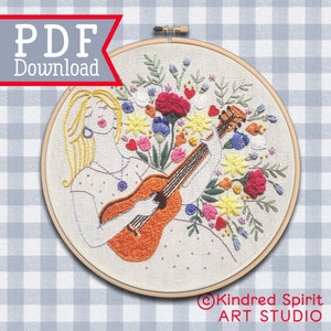 Hand Embroidery Pattern ; Guitar design ; Flower needlepoint ; Beginner crewel ; Folk singer ; Modern Hoop Art ; Music lover