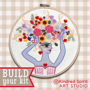 Flower Girl Embroidery Kit ; 7 inch Hoop Art ; DIY craft ; Printed Fabric ; Floral Needlepoint ; Hairstylist Gift