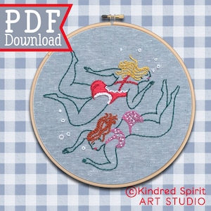 Summer Swimmers PDF Embroidery Pattern ; Instant download ; Ocean Needlepoint ; Seaside design ; Hand embroidery ; 7 inch Hoop Art ; Pool