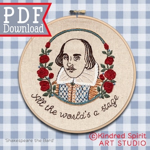 May include: Embroidered hoop art featuring a portrait of William Shakespeare with a quote from his play As You Like It: "All the world's a stage". The hoop is surrounded by red roses and green leaves.