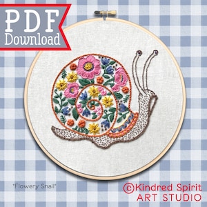 Hand embroidery pattern ; Snail design ; PDF Pattern Download ; Woodland animal ; Nature lover gift ; Botanical hoop art