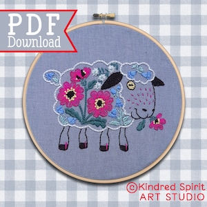 Hand Embroidery PDF Pattern ; Sheep design ; Farm animal Needlepoint ; Floral needlework ; 7 inch Hoop Art ; Baby nursery decor