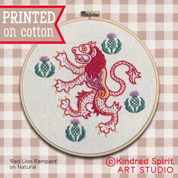 Red Lion Embroidery Kit ; Cultural Hoop Art ; Thistle design ; Flower needlepoint ; Traditional Scottish Crest