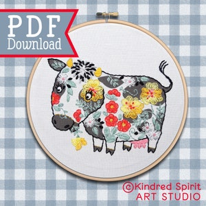 Hand Embroidery Pattern ; PDF download ; Cow design ; Farm Lover Gift ; Kitchen decor