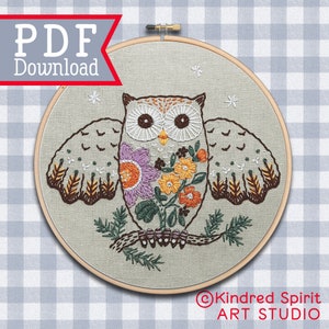 Hand Embroidery Pattern ; Owl design ; Bird pattern ; PDF download ;  Printable File;  Modern Hoop Art