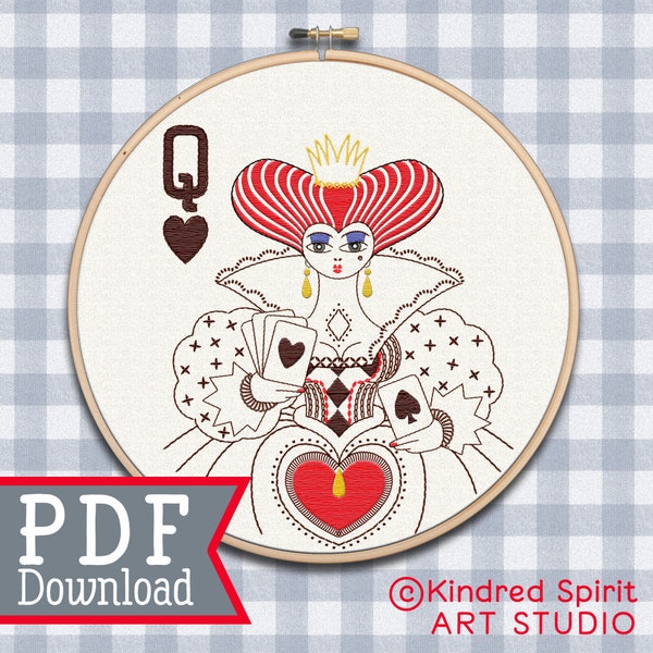 Queen of Hearts Embroidery Pattern + FREE Gift Card - PDF Download - Queen of Hearts design - Printable PDF Modern Hoop Art, Hand Embroidery