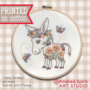 Donkey Embroidery Kit ; Mule Design ; Farm Animal DIY craft kit ; Flower needlepoint pattern ; Modern Hoop Art