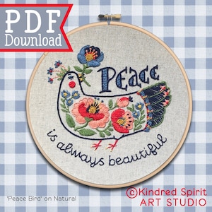 Peace Bird PDF Embroidery Pattern ; Instant printable download ; Flower Needlepoint ; Dove Bird design ; Hand embroidery ; Modern Hoop Art