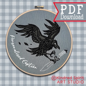 Hand Embroidery Pattern ; Raven Totem ; Black Crow ; Tattoo design ; Adult Needlepoint ;  Handmade Gift ; Sew Gothic