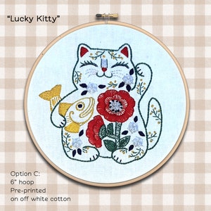 Lucky Cat Embroidery Kit Maneki Neko design Flower Needlepoint Kitty pattern Welcome gift Japanese Hoop Art image 6
