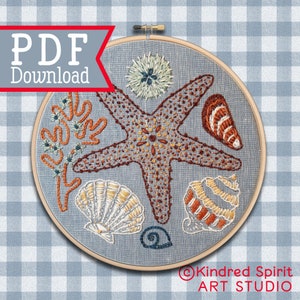 Hand Embroidery Pattern ; Sea Shells ; Starfish design; DIY craft idea ;  Beach wall Art ; Ocean Needlepoint