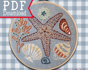 Hand Embroidery Pattern ; Sea Shells ; Starfish design; DIY craft idea ;  Beach wall Art ; Ocean Needlepoint