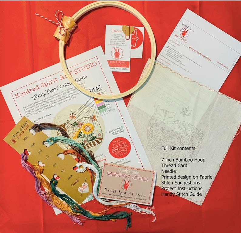 May include: A complete embroidery kit featuring a cat design. The kit includes a 7-inch bamboo hoop, thread card, needle, printed fabric, stitch suggestions, project instructions, and a handy stitch guide.