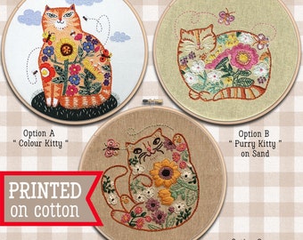 Cat Embroidery Kit ; Ginger kitten design ; Orange kitty pattern ; Marmalade ; Flower needlepoint ; DIY craft ; Modern Hoop Art