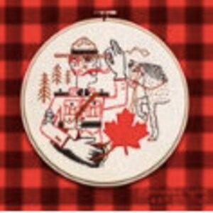 May include: Embroidered hoop art featuring a cartoon illustration of a Canadian Mountie in uniform with a red maple leaf and a wolf beside him. The background is a red and black plaid pattern.