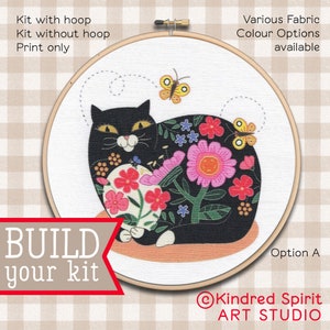 Black Cat Embroidery Kit ; Kitten design ; DIY craft; Cute kitty pattern ; 7 inch hoop Art ; Flower needlepoint